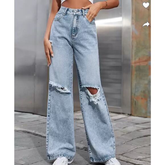 Zara Denim - Zara denim jeans wide leg acid stone washed distressed High waisted SZ 6